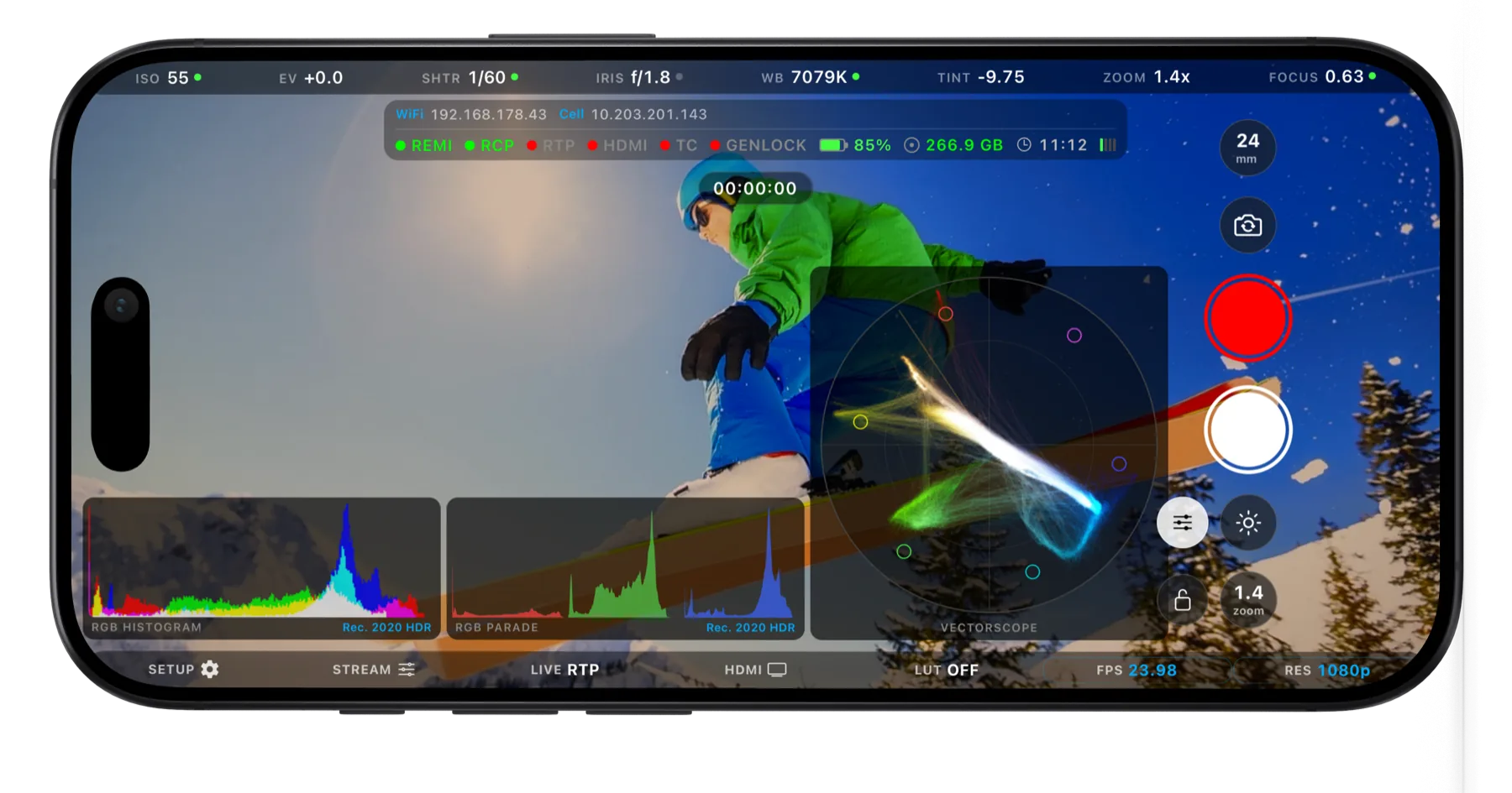 CyanCamera app in landscape mode with RGB histogram, RGB parade and vectorscope overlays