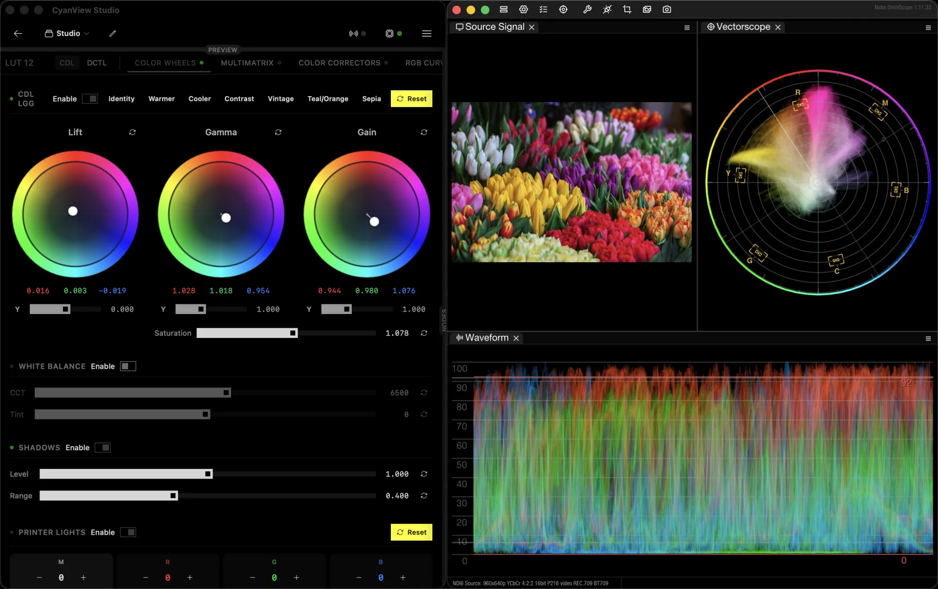 NobeOmniScope integration showing NDI scopes and signal monitoring